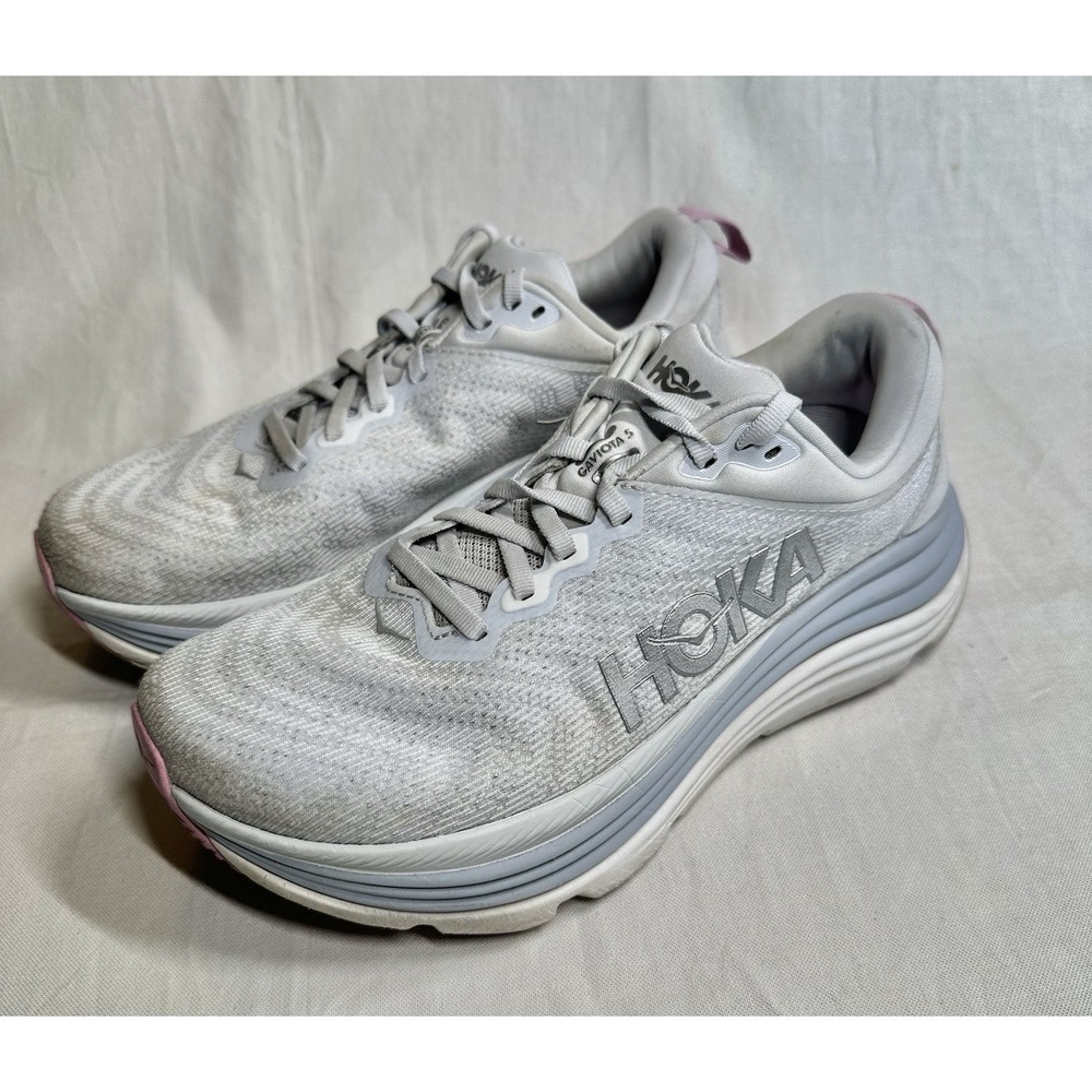 Hoka One One Women's White Light Gray Running Shoes with Pink Accents